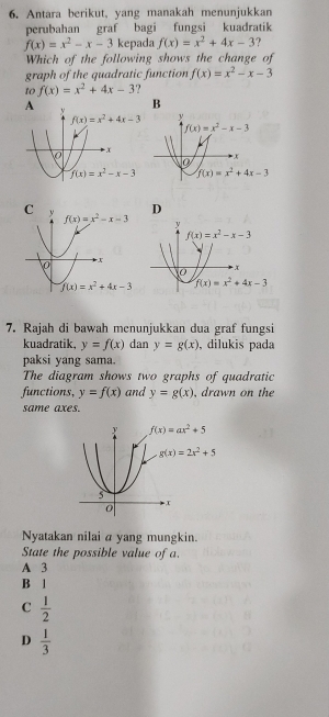 Antara berikut, yang manakah menunjukkan
perubahan graf bagi fungsi kuadratik
f(x)=x^2-x-3 kepada f(x)=x^2+4x-3
Which of the following shows the change of
graph of the quadratic function f(x)=x^2-x-3
10 f(x)=x^2+4x-3 ?
A B
 
D
f(x)=x^2-x-3

7. Rajah di bawah menunjukkan dua graf fungsi
kuadratik. y=f(x) dan y=g(x) , dilukis pada
paksi yang sama.
The diagram shows two graphs of quadratic
functions, y=f(x) and y=g(x) , drawn on the
same axes.
g(x)=2x^2+5
Nyatakan nilai a yang mungkin.
State the possible value of a.
A 3
B 1
C  1/2 
D  1/3 