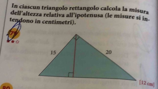 In ciascun triangolo rettangolo calcola la misura 
dell’altezza relativa all’ipotenusa (le misure si in- 
tendono in centimetri). 
7 
on