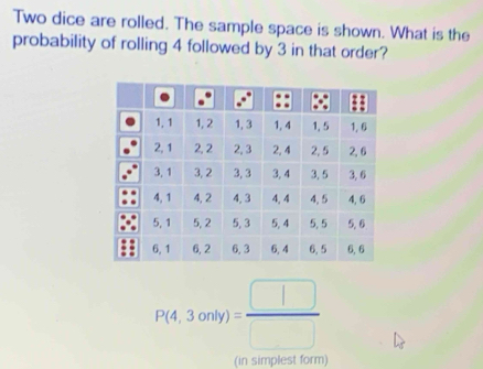 Two dice are rolled. The sample space is shown. What is the 
probability of rolling 4 followed by 3 in that order?
P(4,3only)= □ /□  
(in simplest form)