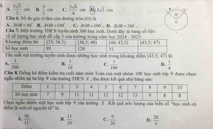 Or  5sqrt(3)/2 cm B.  5/2 cm C.  5sqrt(6)/4 cm D 5sqrt(3)cm
A.
Câu 6. Số đo góc ở tâm của đường tròn (O) là
A. AOB=50° B. AOB=100° C. AOB=100°. D. AOB=200°.
Câu 7. Một trường THCS tuyển sinh 300 học sinh. Dưới đây là bảng số liệu
về số lượng học sinh đỗ cấp 3 của trường trong năm học 2024 - 2025:
Tần suất mà trường tuyển sinh được những học sinh trong khoảng điểm [43,5;47) là:
A.  1/200   1/10  C.  1/199   1/4 
B.
D.
Câu 8.Thống kê điểm kiểm tra cuối năm môn Toán của một nhóm 100 học sinh lớp 9 được chọn
ngẫu nhiên tại ba lớp 9 của trường THCS X , thu được kết quả như bảng sau:
Chọn ngẫu nhiên một học sinh lớp 9 của trường X . Kết quả ước lượng của biến cố “học sinh có
điểm là một số nguyên tố' là:
A.  10/11 . B.  11/20 . C.  9/20 . D.  20/9 .