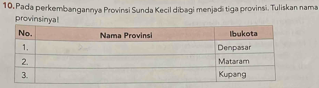 Pada perkembangannya Provinsi Sunda Kecil dibagi menjadi tiga provinsi. Tuliskan nama 
provinsinya!