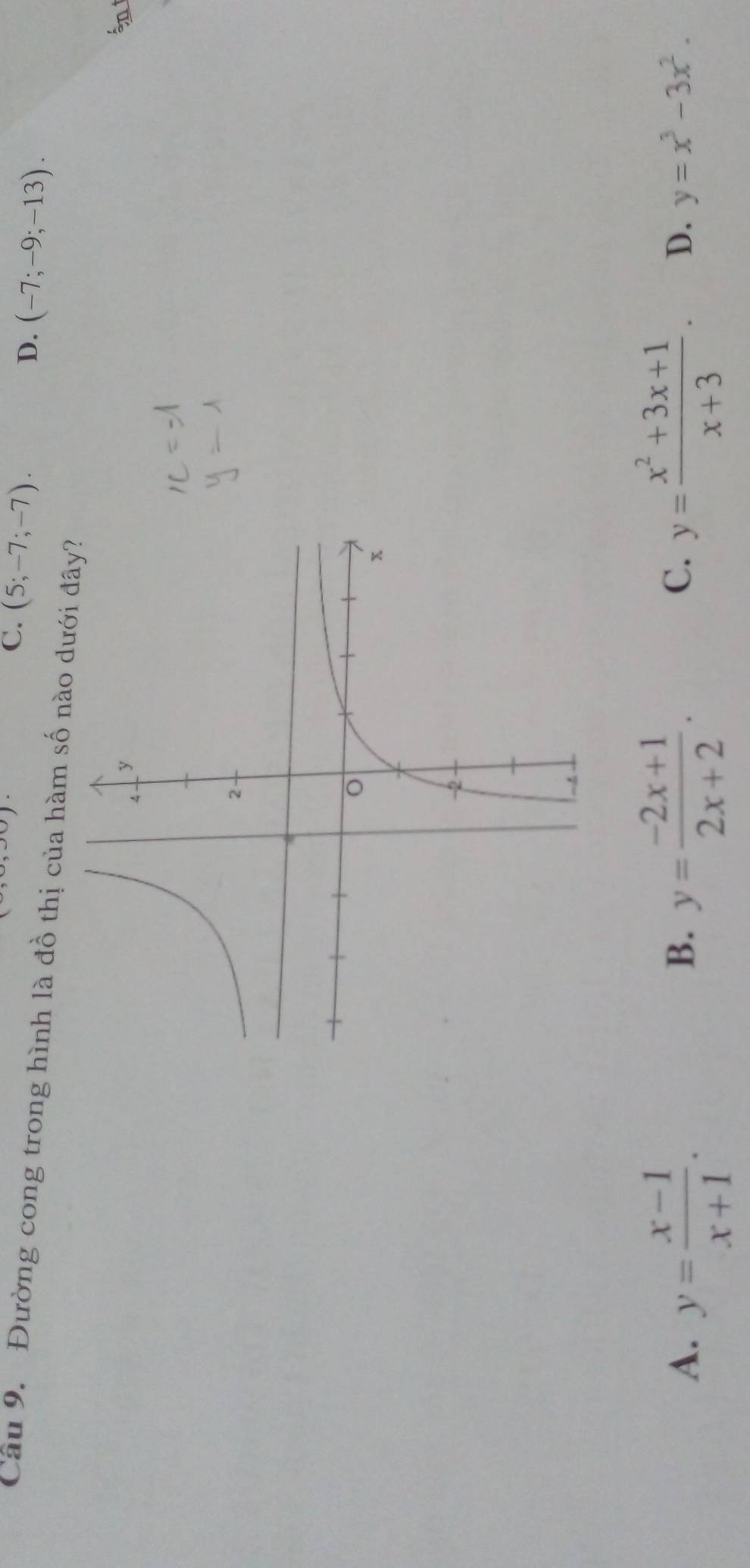 C. (5;-7;-7).
D. (-7;-9;-13). 
Câu 9. Đường cong trong hình là đồ thị của hàm số nào dướ
B.
C.
A. y= (x-1)/x+1 . y= (-2x+1)/2x+2 . y= (x^2+3x+1)/x+3 . D. y=x^3-3x^2.