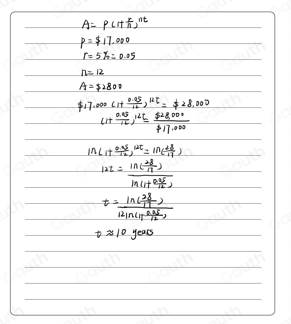 A=P(1+ r/n )^nt
p=$ 17,000
r=5% =0.05
n=12
A=$ 2800
$ 17,000(1+ (0.05)/12 )^12t=$ 28,000
(1+ (0.95)/12 )^12= (528,000)/$ 17,000 
ln (1+ (0.05)/12 )^12t=ln ( 28/17 )
12t=frac ln ( 28/17 )ln ( (0.5)/12 )
t=frac ln ( 28/17 )12ln (1+ (0.05)/12 )
tapprox 10years