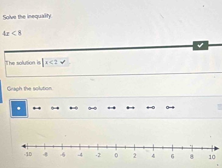 Solve the inequality.
4x<8</tex> 
The solution is |x<2</tex> 
Graph the solution. 
.