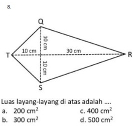 Luas layang-layang di atas adalah ....
a. 200cm^2 C. 400cm^2
b. 300cm^2 d. 500cm^2