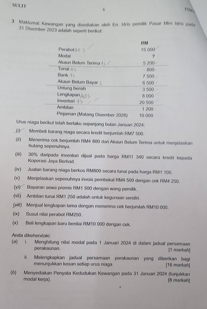 SULIT
x7560
3 Maklumat Kewangan yang disediakan oleh En. Idris pemilik Pasar Mini Idris pada
31 Disember 2023 adalah seperti berikut: 
Urus niaga berikut telah berlaku sepanjang bulan Januari 2024: 
(i) Membeli barang niaga secara kredit berjumlah RM7 500. 
(ii) Menerima cek berjumlah RM4 800 dari Akaun Belum Terima untuk menjelaskan 
hutang sepenuhnya. 
(iii) 30% daripada inventori dijual pada harga RM11 340 secara kredit kepada 
Koperasi Jaya Berhad. 
(iv) Jualan barang niaga berkos RM800 secara tunai pada harga RM1 100. 
(v) Menjelaskan sepenuhnya invois pembekal RM4 500 dengan cek RM4 250. 
(vi) Bayaran sewa premis RM1 500 dengan wang pemilik. 
(vii) Ambilan tunai RM1 250 adalah untuk kegunaan sendiri. 
(viii) Menjual lengkapan lama dengan menerima cek berjumlah RM10 000. 
(ix) Susut nilai perabot RM250. 
(x) Beli lengkapan baru benilai RM10 000 dengan cek. 
Anda dikehendaki: 
(a) i. Menghitung nilai modal pada 1 Januari 2024 di dalam jadual persamaan 
perakaunan. [1 markah] 
ii. Melengkapkan jadual persamaan perakaunan yang diberikan bagi 
menunjukkan kesan setiap urus niaga [16 markah] 
(b) Menyediakan Penyata Kedudukan Kewangan pada 31 Januari 2024 (tunjukkan 
modal kerja). [8 markah]