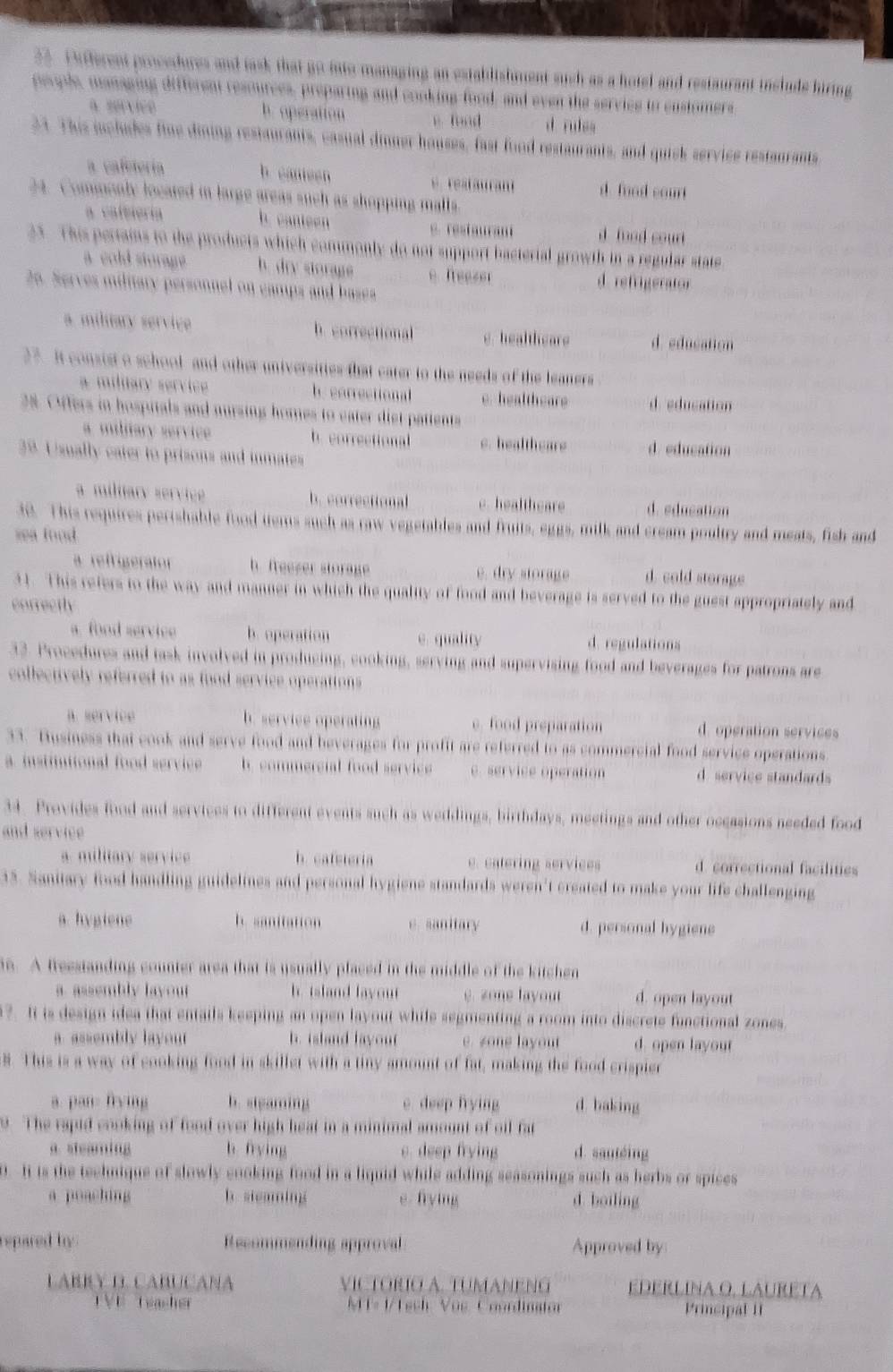 Prtferent prowesdures and task that go into managing an establishment such as a hotel and restaurant include hiring
paroile, managing different rescurces, preparing and cooking food, and even the service to cnstomers
a.service b. operation p. fond d rudes
31. This icludes fine dining restaurants, casual diner houses, fast food restaurants, and quick service restanrants
a cafetería b caneen e reatauran d. food court
24. Commonly located in large areas such as shopping malls.
a calelería h  cte s. restaurani d food court
23. This pertains to the products which commonly do not support bacterial growth in a regular state
a cold storage h dry storage e freeser d. refrigerator
25. Serves military personnel on camps and bases
a. miltary service b. correctional g healtheare d. education
27. it consist o school and other universities that cater to the needs of the leaners .
a miliary service h correctional e. healtheare d education
28. Offers in hospitals and nursing homes to eater diet pattents
a. military service b correctional e. healtheare d education
39. Usually cater to prisons and inmates
a miliary service b. correctional e. healtheare d. education
30. This requires perishable food ters such as raw vegetables and fruits, eggs, milk and cream poultry and meats, fish and
sea food.
a reffigerator h freeser storage e. dry storage d. cold storage
31. This refers to the way and manner in which the quality of food and beverage is served to the guest appropriately and
correctly
a. food service b. operation e quality d. regulations
33. Procedures and task involved in producing, cooking, serving and supervising food and beverages for patrons are
collectively referred to as food service operations
a. service h. service operating e. food preparation d. operation services
33. Business that cook and serve food and beverages for profit are referred to as commercial food service operations
a. instiutional food service h commercial food servic e. service operation d service standards
34. Provides food and services to different events such as weldings, birthdays, meetings and other occasions needed food
and service
a. military service h cafeteria e. eatering services d. correctional facilities
13. Sanitary food handling guidelines and personal hygiene standards weren't created to make your life challenging
a. hygiene h. sanitation e. sanitary d. personal hygiene
n. A freestanding counter area that is usually placed in the middle of the kitchen
a assembly layout h. island lavout e. zong layout d. open layout
?. It is design idea that entails keeping an open layout while segmenting a room into discrete functional zones
a. assembly layour h. island layout e. sone layout d. open layout
8. This is a way of cooking food in skillet with a tiny amount of fat, making the food crispier
a. pan- frying b. steaming e deep frying d. baking
9. The rapid cooking of food over high heat in a minimal amount of oil fat
a. steaming b f ying e. deep frying d. sautéing
D.I is the technique of slowly cooking food in a liquid while adding seasonings such as herbs or spices
a poaching b sieaming e. frying d. boiling
repared by Recommending approval Approved by
LARRY D. CABUCANA VICTORIO A. TUMANENG EDERLINA O, LAURETA
TVE Teacher  MT= 1/ t sch Vos Coordinaior Principal II