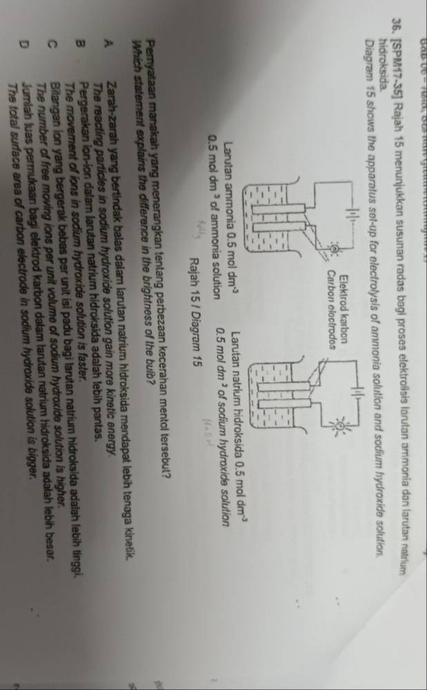 [SPM17-35] Rajah 15 menunjukkan susunan radas bagi proses elektrolisis larutan ammonia dan larutan natrium
hidroksida.
Diagram 15 shows the apparatus set-up for electrolysis of ammonia solution and sodium hydroxide solution.
Larutan ammonia 0.5moldm^(-3) Larutan natrium hidroksida 0.5moldm^(-3)
0.5moldm^3 of ammonia solution 0.5moldm^3 of sodium hydroxide solution
Rajah 15 / Diagram 15
Pernyataan manakah yang menerangkan tentang perbezaan kecerahan mentol tersebut?
Which statement explains the difference in the brightness of the buib?
A Zarah-zarah yang bertindak balas dalam larutan natrium hidroksida mendapat lebih tenaga kinetik.
The reacting particles in sodium hydroxide solution gain more kinetic energy.
B Pergerakan ion-ion dalam larutan natrium hidroksida adalah lebih pantas.
The movement of ions in sodium hydroxide solution is faster.
C Bilangan ion yang bergerak bebas per unit isi padu bagi larutan natrium hidroksida adalah lebih tinggi.
The number of free moving ions per unit volume of sodium hydroxide solution is higher.
D Jumiah luas permukaan bagi elektrod karbon dalam larutan natrium hidroksida adałah lebih besar.
The total surface area of carbon electrode in sodium hydroxide solution is bigger.