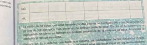 mero
eame
2.  La molécula de agua, que es
es uno de los ejemplos más comunes de enlace covalente polar. Escribe en tu cuademo una
explicación de cómo se forman los enlaces covalentes de la molécula de agua. Acompaña la
explicación con un esquema.
Flabora en tu cuaderno una tabla que resuma las propiedades de las sustancias iónicas
( s ciones) que especifique los siguientes aspectos