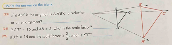 Write the answer on the blank.
(23) If △ ABC is the original, is △ A'B'C' a reduction
or an enlargement?_
(24) If A'B'=15 and AB=5 , what is the scale factor?
(25) If XY=15 and the scale factor is  2/5  , what is X'Y