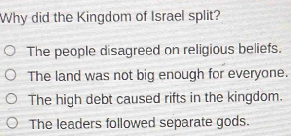 Why did the Kingdom of Israel split?
The people disagreed on religious beliefs.
The land was not big enough for everyone.
The high debt caused rifts in the kingdom.
The leaders followed separate gods.