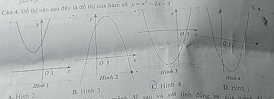 Đồ thị nào sau đây là đồ thị của hàm số y=x^2-2x-3
A. Hình 2 . B. Hình 3 . C. Hình 4.
D. Hình 1.
đệnh đề sau và xét tính đúng sai của mệnh đ