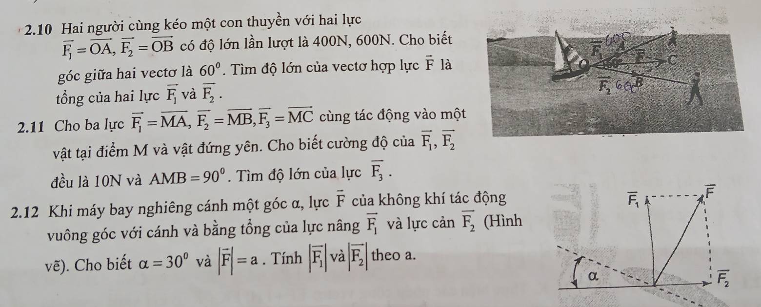 2.10 Hai người cùng kéo một con thuyền với hai lực
vector F_1=vector OA,vector F_2=vector OB có độ lớn lần lượt là 400N, 600N. Cho biết
góc giữa hai vectơ là 60°.  Tìm độ lớn của vectơ hợp lực vector F là
tổng của hai lực overline F_1 và vector F_2.
2.11 Cho ba lực vector F_1=vector MA,vector F_2=vector MB,vector F_3=vector MC cùng tác động vào một
vật tại điểm M và vật đứng yên. Cho biết cường độ của vector F_1,vector F_2
đều là 10N và AMB=90°. Tìm độ lớn của lực overline F_3.
2.12 Khi máy bay nghiêng cánh một góc α, lực vector F của không khí tác động
vuông góc với cánh và bằng tổng của lực nâng vector F_1 và lực cản vector F_2 (Hình
vẽ). Cho biết alpha =30° và |vector F|=a. Tính |overline F_1| và |overline F_2| theo a.