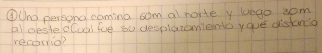 ④Una persona camina som al norte y lego 3om 
al oeste d(ual foe so desplazomiento yque distancia 
recorrio?