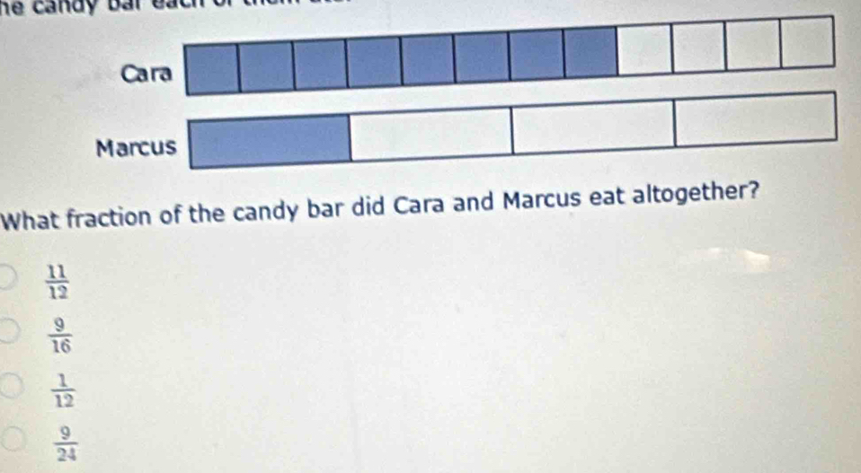 he ci eac 
What fraction of the candy bar did Cara and Marcus eat altogether?
 11/12 
 9/16 
 1/12 
 9/24 