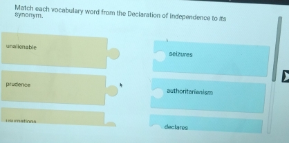 Match each vocabulary word from the Declaration of Independence to its
synonym.
unalienable seizures

prudence authoritarianism
isumations declares