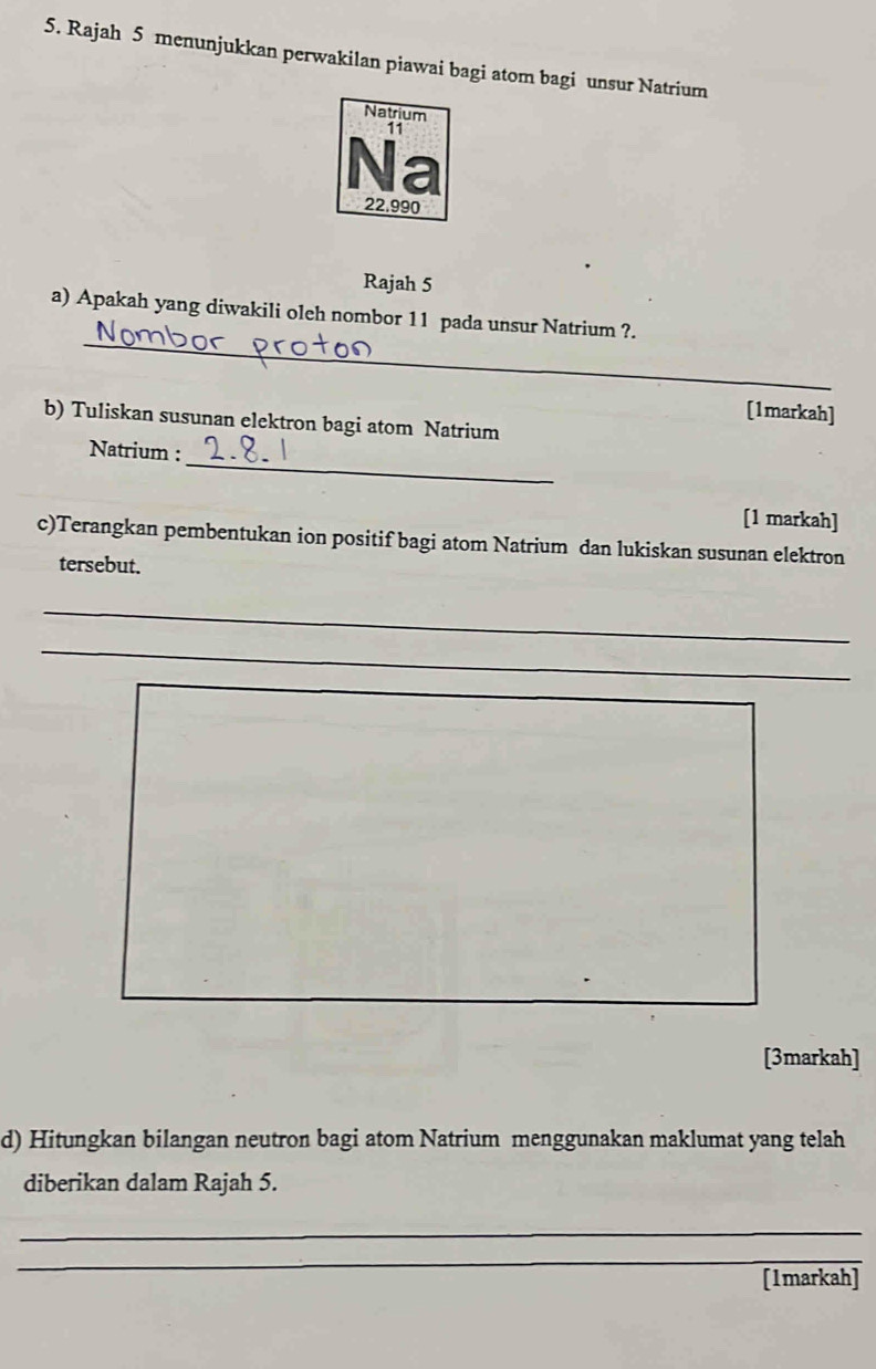 Rajah 5 menunjukkan perwakilan piawai bagi atom bagi unsur Natrium 
Natrium
11
22.990
Rajah 5 
_ 
a) Apakah yang diwakili oleh nombor 11 pada unsur Natrium ?. 
[1markah] 
b) Tuliskan susunan elektron bagi atom Natrium 
_ 
Natrium : 
[1 markah] 
c)Terangkan pembentukan ion positif bagi atom Natrium dan lukiskan susunan elektron 
tersebut. 
_ 
_ 
[3markah] 
d) Hitungkan bilangan neutron bagi atom Natrium menggunakan maklumat yang telah 
diberikan dalam Rajah 5. 
_ 
_ 
[1markah]
