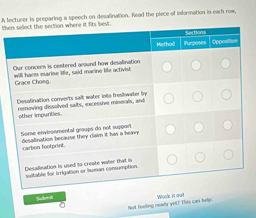 A lecturer is preparing a speech on desalination. Read the piece of information in each row, 
the 
Submit 
Work it out 
Not feeling ready yet? This can help: