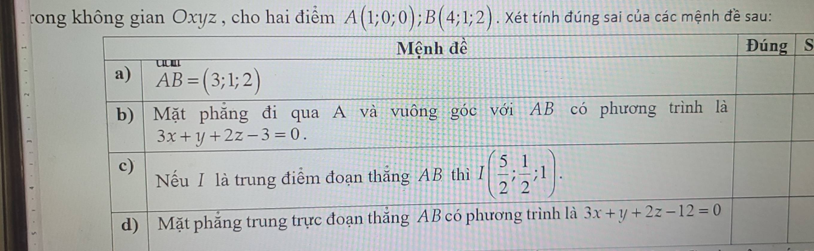 rong không gian Oxyz , cho hai điểm A(1;0;0);B(4;1;2). Xét tính đúng sai của các mệnh đề sau:
S