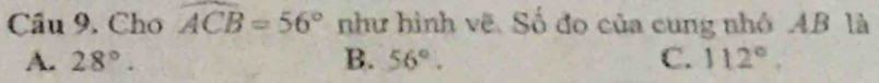 Câu 9, Cho widehat ACB=56° như hình vẽ. Số đo của cung nhớ AB là
A. 28°. B. 56°. C. 112°.