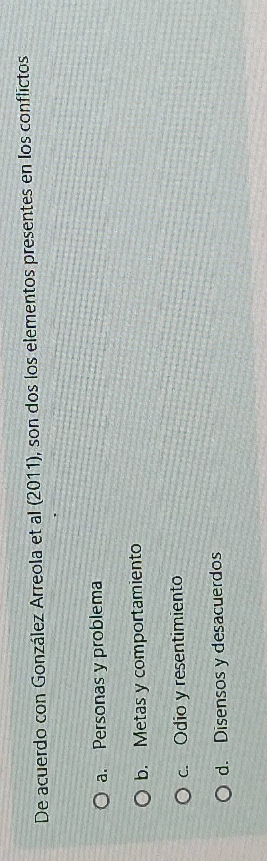 De acuerdo con González Arreola et al (2011), son dos los elementos presentes en los conflictos
a. Personas y problema
b. Metas y comportamiento
c. Odio y resentimiento
d. Disensos y desacuerdos