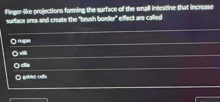 Finger-like projections forming the surface of the small intestine that increase
surface area and create the "brush border" effect are called
rugae
villi
cilia
goblet cells