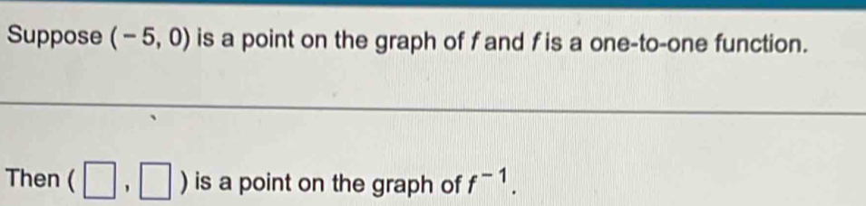 Suppose (-5,0) is a point on the graph of fand fis a one-to-one function. 
Then (□ ,□ ) is a point on the graph of f^(-1).