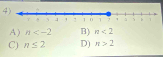 A) n B) n<2</tex>
C) n≤ 2 D) n>2