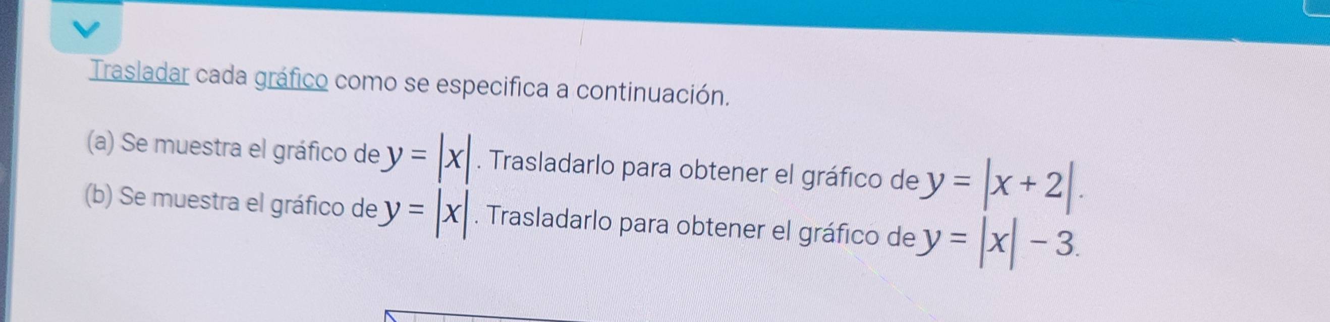 Trasladar cada gráfico como se especifica a continuación. 
(a) Se muestra el gráfico de y=|x|. Trasladarlo para obtener el gráfico de y=|x+2|. 
(b) Se muestra el gráfico de y=|x|. Trasladarlo para obtener el gráfico de y=|x|-3.