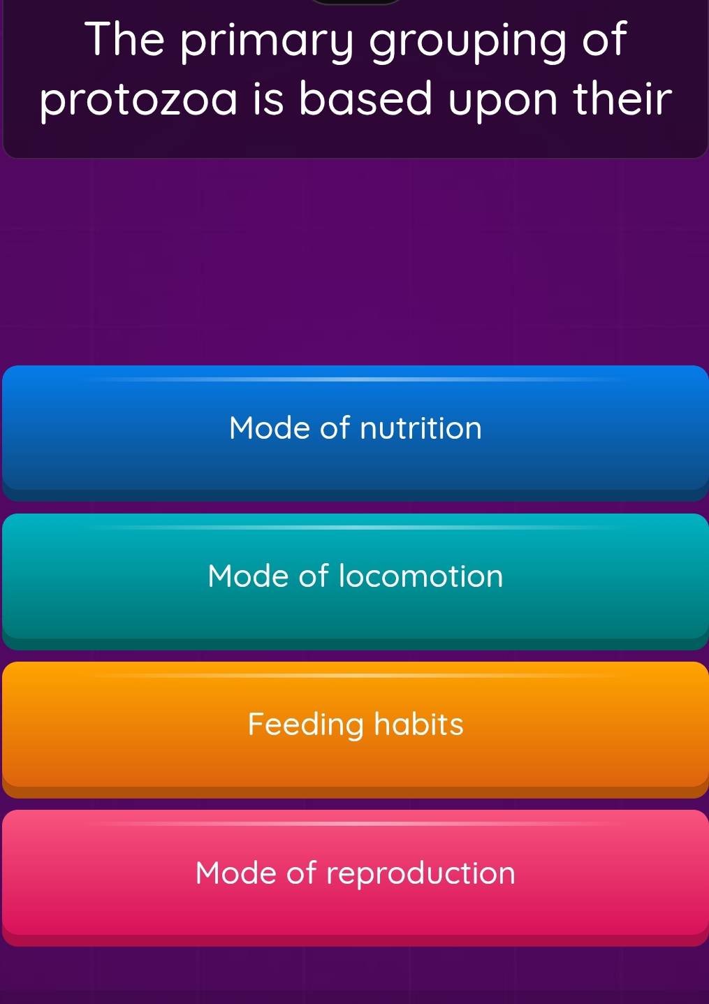 The primary grouping of
protozoa is based upon their
Mode of nutrition
Mode of locomotion
Feeding habits
Mode of reproduction