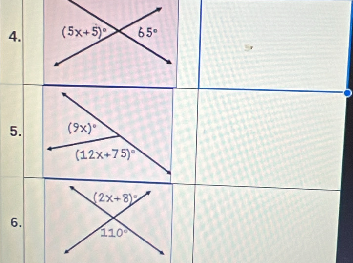 (9x)^circ 
(12x+75)^circ 
6.