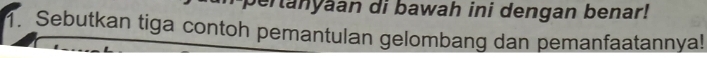 ertanyaan di bawah ini dengan benar! 
1. Sebutkan tiga contoh pemantulan gelombang dan pemanfaatannya!