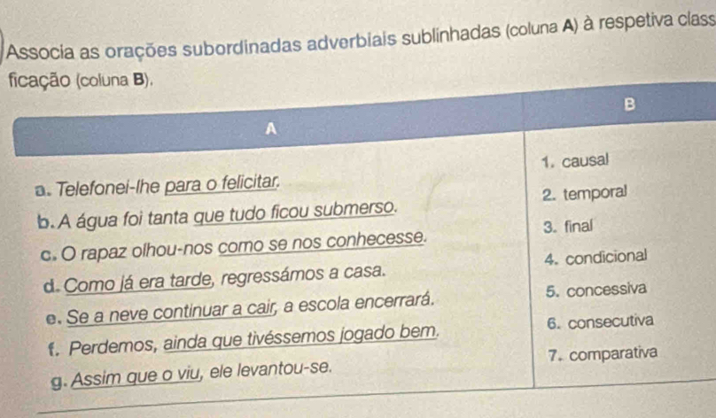 Associa as orações subordinadas adverbiais sublinhadas (coluna A) à respetiva class 
(