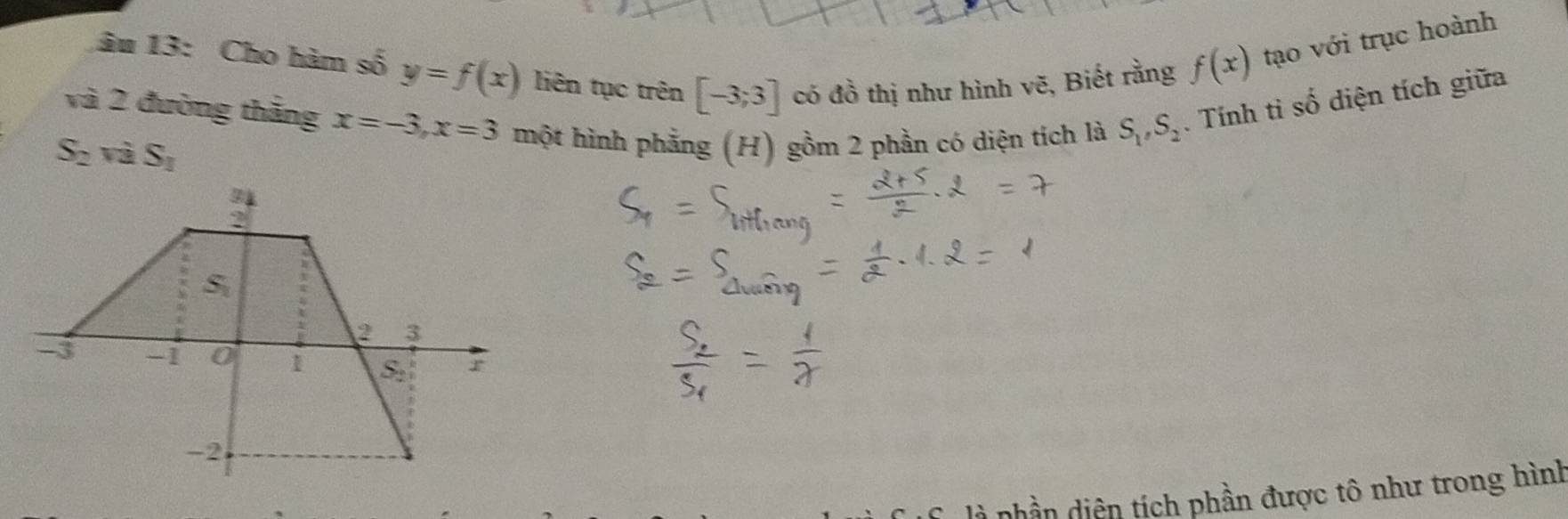 âu 13: Cho hàm số y=f(x) liên tục trên [-3;3] có đồ thị như hình vẽ, Biết rằng
f(x) tạo với trục hoành
và 2 đường thắng x=-3,x=3 một hình phẳng (H) gồm 2 phần có diện tích là S_1,S_2. Tính tỉ số diện tích giữa
S_2 x Và S_1
là nhần diện tích phần được tô như trong hình