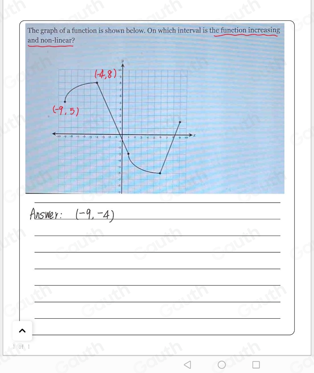 The graph of a function is shown below. On which interval is the function increasing 
and non-linear? 
 
 
 
 
 
 
 
 
 
 
1 of 1