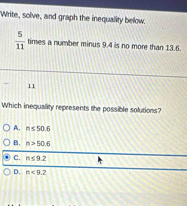 Write, solve, and graph the inequality below.
 5/11  times a number minus 9.4 is no more than 13.6.
11
Which inequality represents the possible solutions?
A. n≤ 50.6
B. n>50.6
C. n≤ 9.2
D. n<9.2