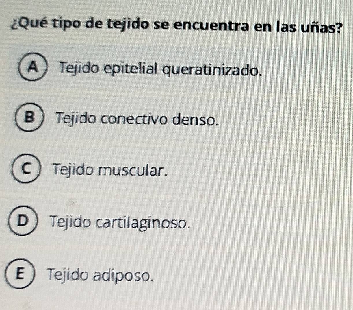 ¿Qué tipo de tejido se encuentra en las uñas?
A Tejido epitelial queratinizado.
B) Tejido conectivo denso.
C) Tejido muscular.
D Tejido cartilaginoso.
E  Tejido adiposo.