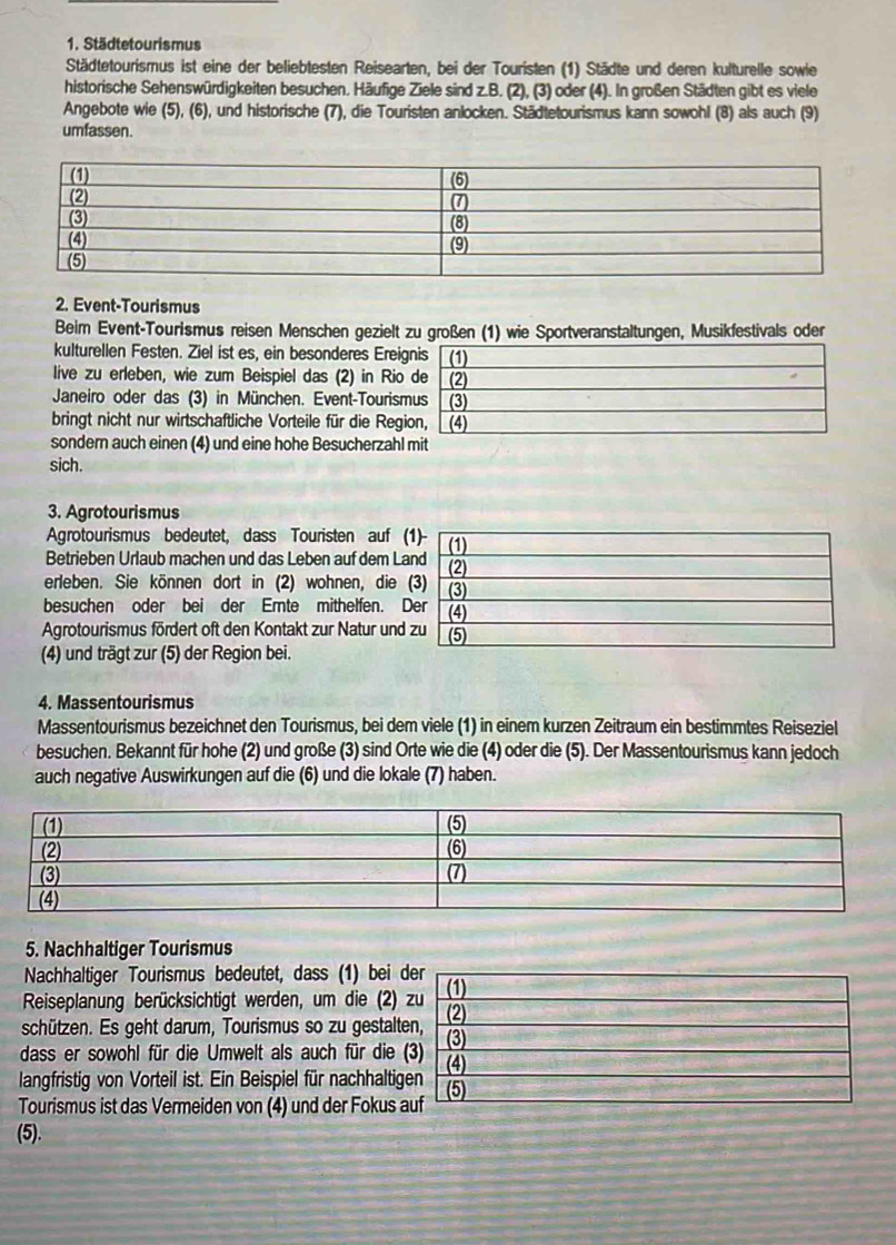 Städtetourismus
Städtetourismus ist eine der beliebtesten Reisearten, bei der Touristen (1) Städte und deren kulturelle sowie
historische Sehenswürdigkeiten besuchen. Häufige Ziele sind z.B. (2), (3) oder (4). In großen Städten gibt es viele
Angebote wie (5), (6), und historische (7), die Touristen anlocken. Städtetourismus kann sowohl (8) als auch (9)
umfassen.
2. Event-Tourismus
Beim Event-Tourismus reisen Menschen gezielt zu großen (1) wie Sportveranstaltungen, Musikfestivals oder
kulturellen Festen. Ziel ist es, ein besonderes Erei
live zu erleben, wie zum Beispiel das (2) in Rio
Janeiro oder das (3) in München. Event-Tourism
bringt nicht nur wirtschaftliche Vorteile für die Regi
sondern auch einen (4) und eine hohe Besucherzahl
sich.
3. Agrotourismus
Agrotourismus bedeutet, dass Touristen auf (
Betrieben Urlaub machen und das Leben auf dem L
erleben. Sie können dort in (2) wohnen, die 
besuchen oder bei der Emte mithelfen. 
Agrotourismus fördert oft den Kontakt zur Natur und
(4) und trägt zur (5) der Region bei.
4. Massentourismus
Massentourismus bezeichnet den Tourismus, bei dem viele (1) in einem kurzen Zeitraum ein bestimmtes Reiseziel
besuchen. Bekannt für hohe (2) und große (3) sind Orte wie die (4) oder die (5). Der Massentourismus kann jedoch
auch negative Auswirkungen auf die (6) und die lokale (7) haben.
5. Nachhaltiger Tourismus
Nachhaltiger Tourismus bedeutet, dass (1) bei 
Reiseplanung berücksichtigt werden, um die (2)
schützen. Es geht darum, Tourismus so zu gestalt
dass er sowohl für die Umwelt als auch für die 
langfristig von Vorteil ist. Ein Beispiel für nachhalti
Tourismus ist das Vermeiden von (4) und der Fokus 
(5).