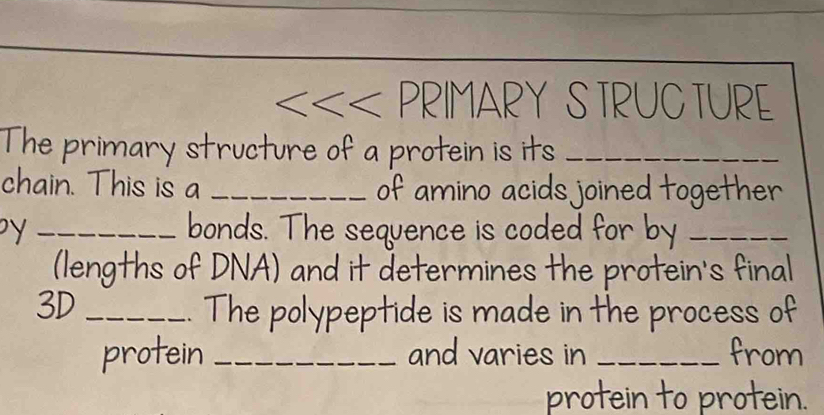 <<<PRIMARY Y STRUC TURE 
The primary structure of a protein is its_ 
chain. This is a _of amino acids joined together 
y _bonds. The sequence is coded for by_ 
(lengths of DNA) and it determines the protein's final 
3D _The polypeptide is made in the process of 
protein _and varies in _from 
protein to protein.