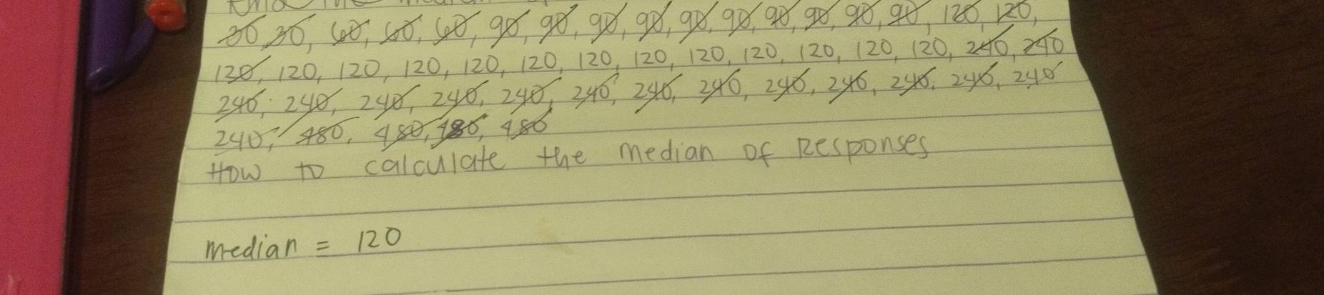 80, 30, 48, 5ó. 48, 9ó 98 9ò, 9ò, 9ò. 9ò 9ò gò, 9ò, 9ò, 12ó 120,
138, 120, 120, 120, 120, 120, 120, 120, 120, 120, 120, 120, 120, 220, 240
246, 248, 240 240. 240 340. 24ó, 240, 246, 246, 24ó. 2 46, 24²í
240, 480, 980, 186, 986
How to calculate the median of Responses 
median =120
