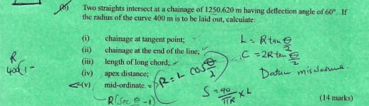 Solved: 'Two straights intersect at a chainage of 1250.620 m having ...