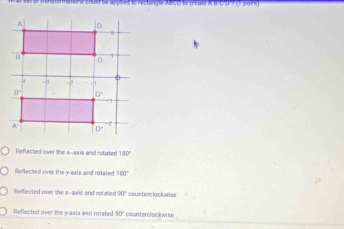 set af transformations could be applied to rectangle ABCD to create A'B'C'D"? (1 point)
Reflected over the x-axis and rotated 180°
Reflected over the y-axis and rotated 180°
Reflected over the x--axis and rotated 90° counterclockwise
Reflected over the y-axis and rotated 90° counterclockwise