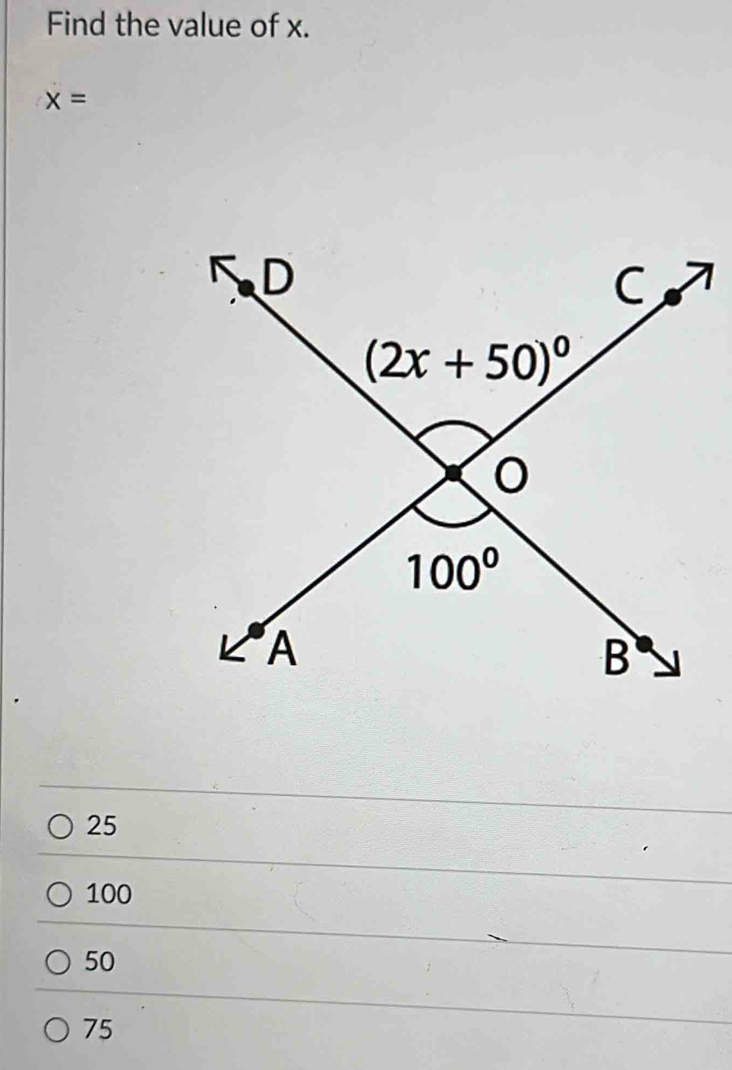 Find the value of x.
x=
25
100
50
75