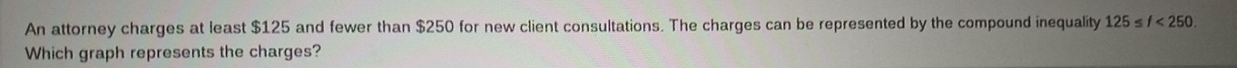 An attorney charges at least $125 and fewer than $250 for new client consultations. The charges can be represented by the compound inequality 125≤ f<250</tex>. 
Which graph represents the charges?