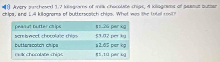 Avery purchased 1.7 kilograms of milk chocolate chips, 4 kilograms of peanut butter 
chips, and 1.4 kilograms of butterscotch chips. What was the total cost?