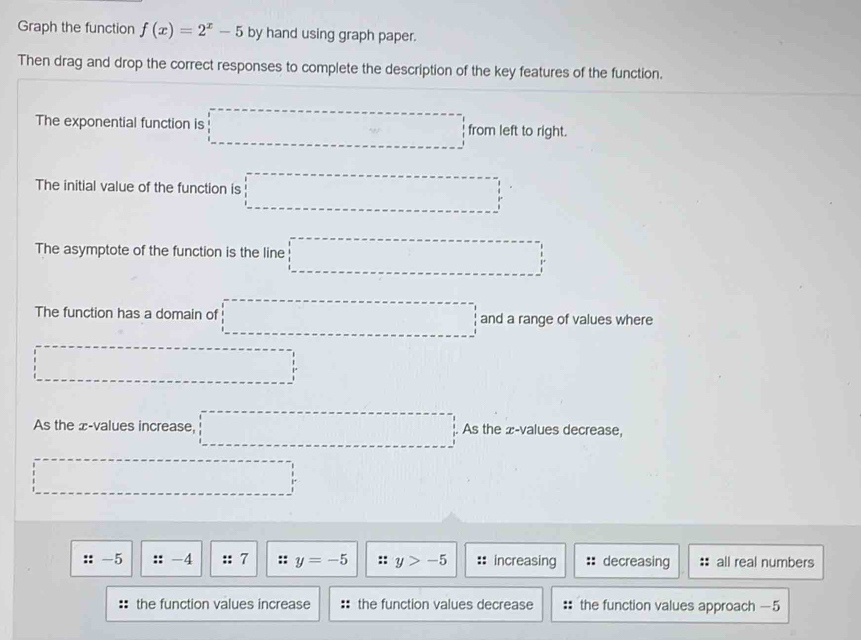 Graph the function f(x)=2^x-5 by hand using graph paper.
Then drag and drop the correct responses to complete the description of the key features of the function.
The exponential function is □ from left to right.
The initial value of the function is □°
The asymptote of the function is the line □°
The function has a domain of □ and a range of values where
□°
As the x -values increase, □° As the æ-values decrease,
□°
-5 | :- -4 ::7 :: y=-5 :: y>-5. increasing decreasing : all real numbers
the function values increase the function values decrease the function values approach —5