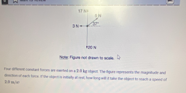 17 N
5 N
3 N 37°
* 20 N
Note: Figure not drawn to scale. 
Four different constant forces are exerted on a 2.0 kg object. The figure represents the magnitude and 
direction of each force. If the object is initially at rest, how long will it take the object to reach a speed of
2.0 m/s?