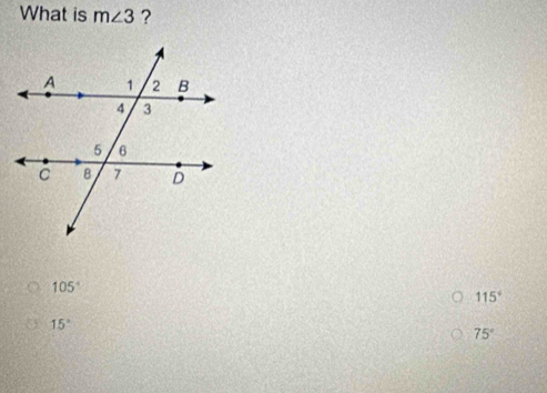 What is m∠ 3 ?
105°
115°
15°
75°