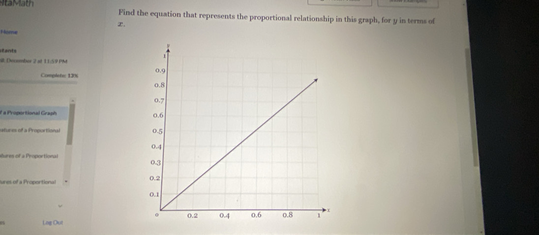 taMath 
Find the equation that represents the proportional relationship in this graph, for y in terms of
x. 
Home 
tants 
il: December 2 at 11:59 PM 
Complete: 13%
f a Proportional Graph 
atures of a Proportional 
tures of a Proportional 
ures of a Proportional
05 Log Out