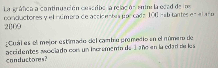 La gráfica a continuación describe la relación entre la edad de los 
conductores y el número de accidentes por cada 100 habitantes en el año 
2009 
¿Cuál es el mejor estimado del cambio promedio en el número de 
accidentes asociado con un incremento de 1 año en la edad de los 
conductores?